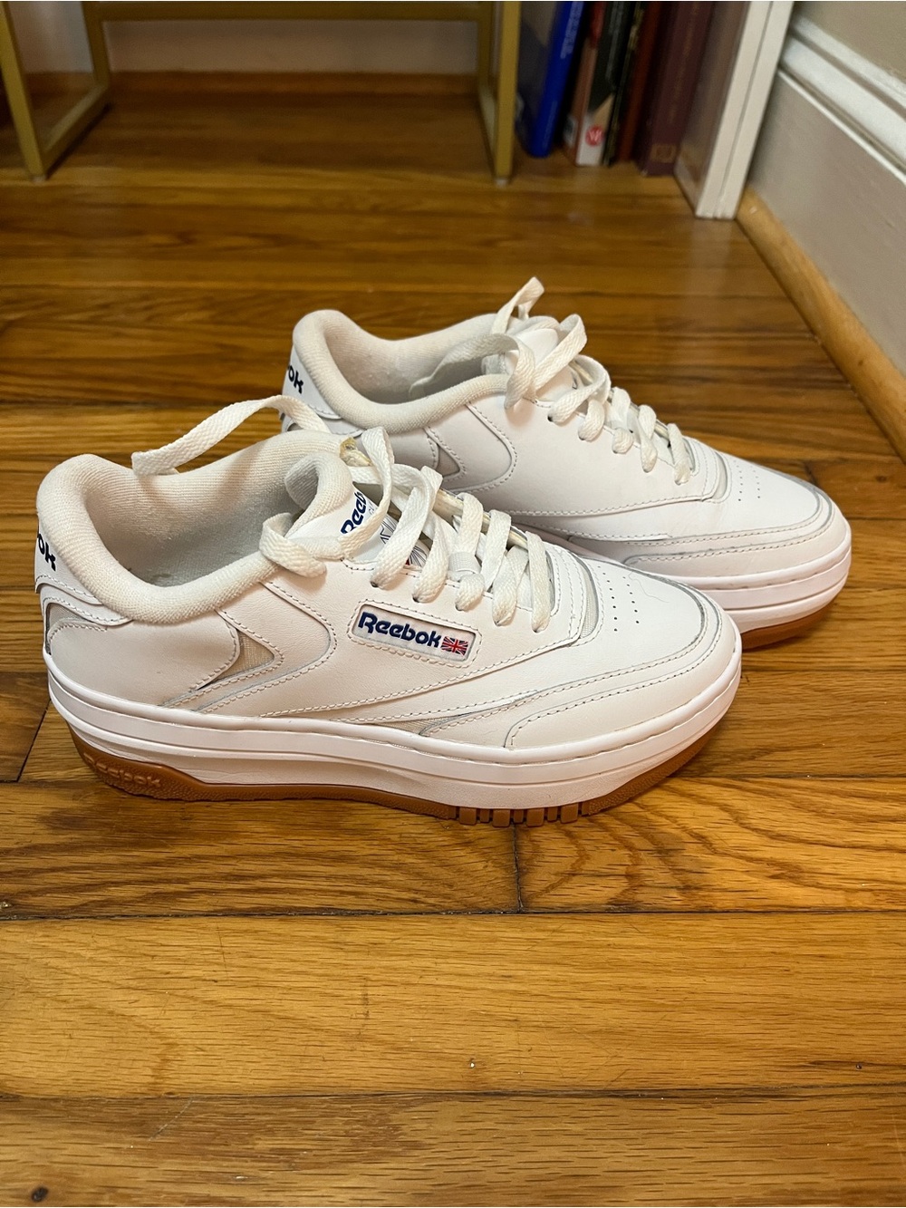 Reebok White Leather Platform Sneakers with Gum Sole